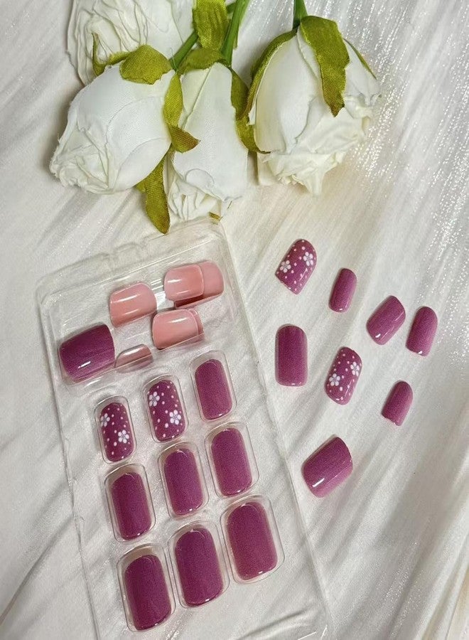 GRITOSE Short Square Press on Nail Flower Fake Nails Purple with Polka Dot designs Glossy Stick on Nail Full Cover Cute False Nails Spring Summer Glue on Nails Reusable Manicure for Women Girls 24pcs - Image 4